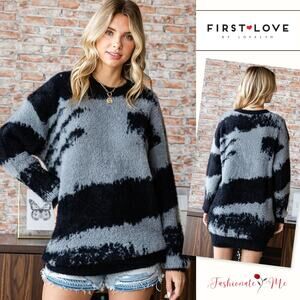 First Love Abstract Pattern Contrast Feather Yarn Long Sleeves Sweater | Black